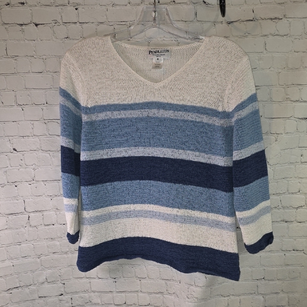 Pendleton Vintage Blue Striped‎ V-Neck Cotton Blend Coastal Sweater Size MP